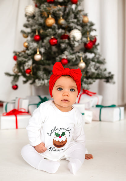 'Little pudding' embroidered and personalised Christmas babygro