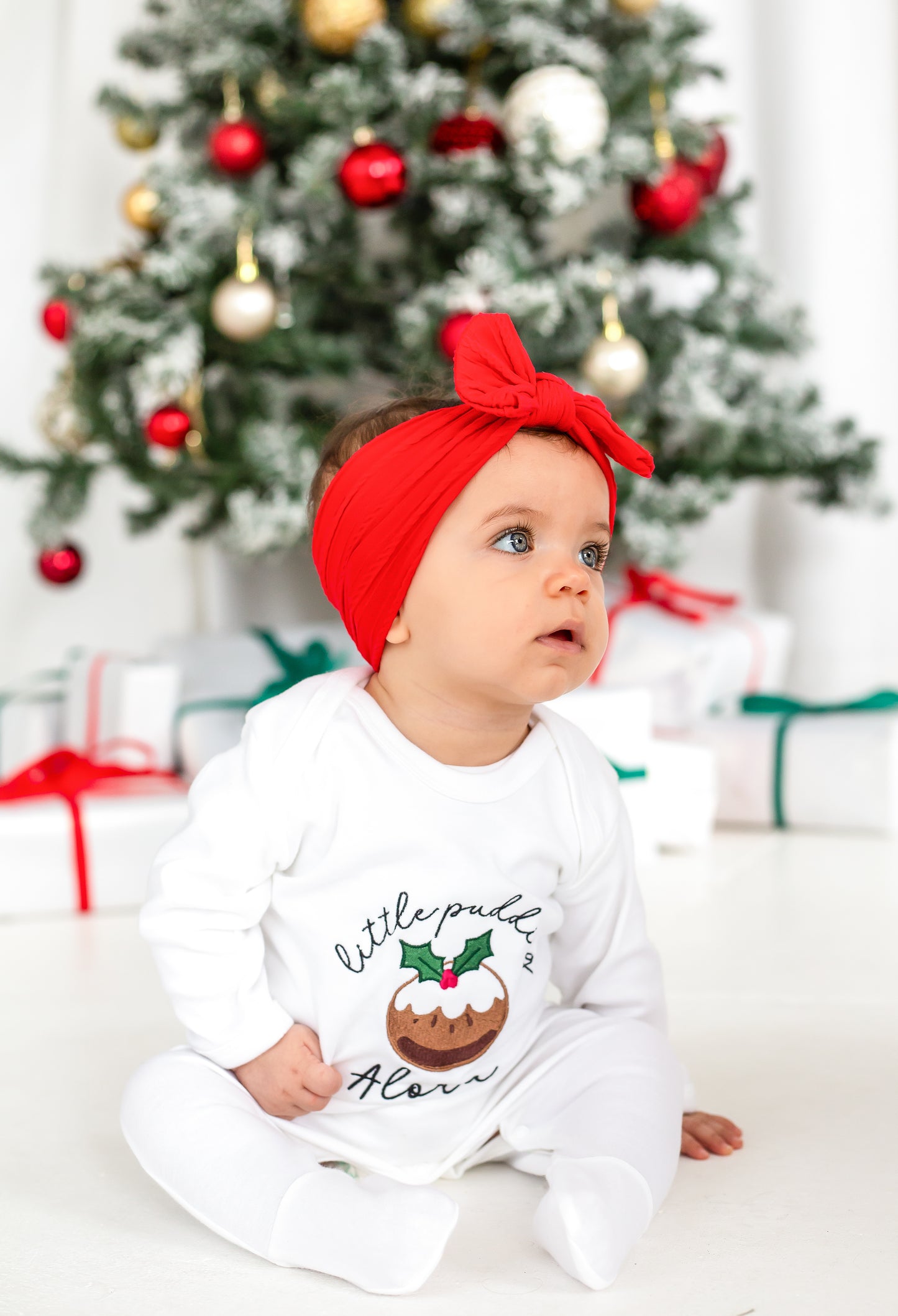'Little pudding' embroidered and personalised Christmas babygro
