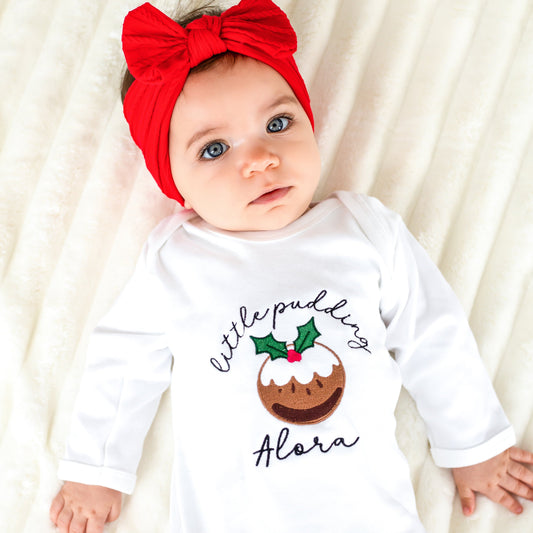'Little pudding' embroidered and personalised Christmas babygro
