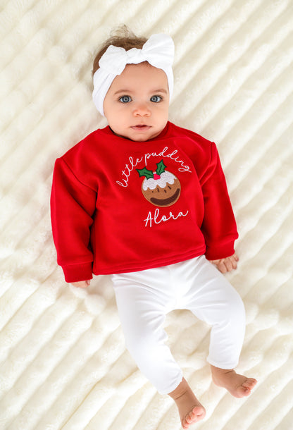 'Little pudding' embroidered and personalised Christmas babygro