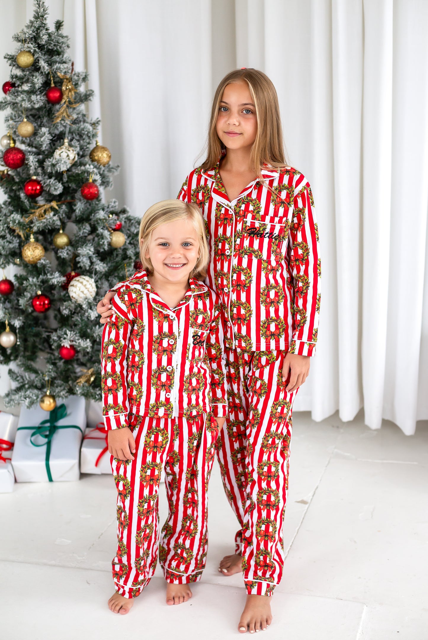 Family Christmas garland print personalised embroidered pyjamas - Ladies, men's and kids available