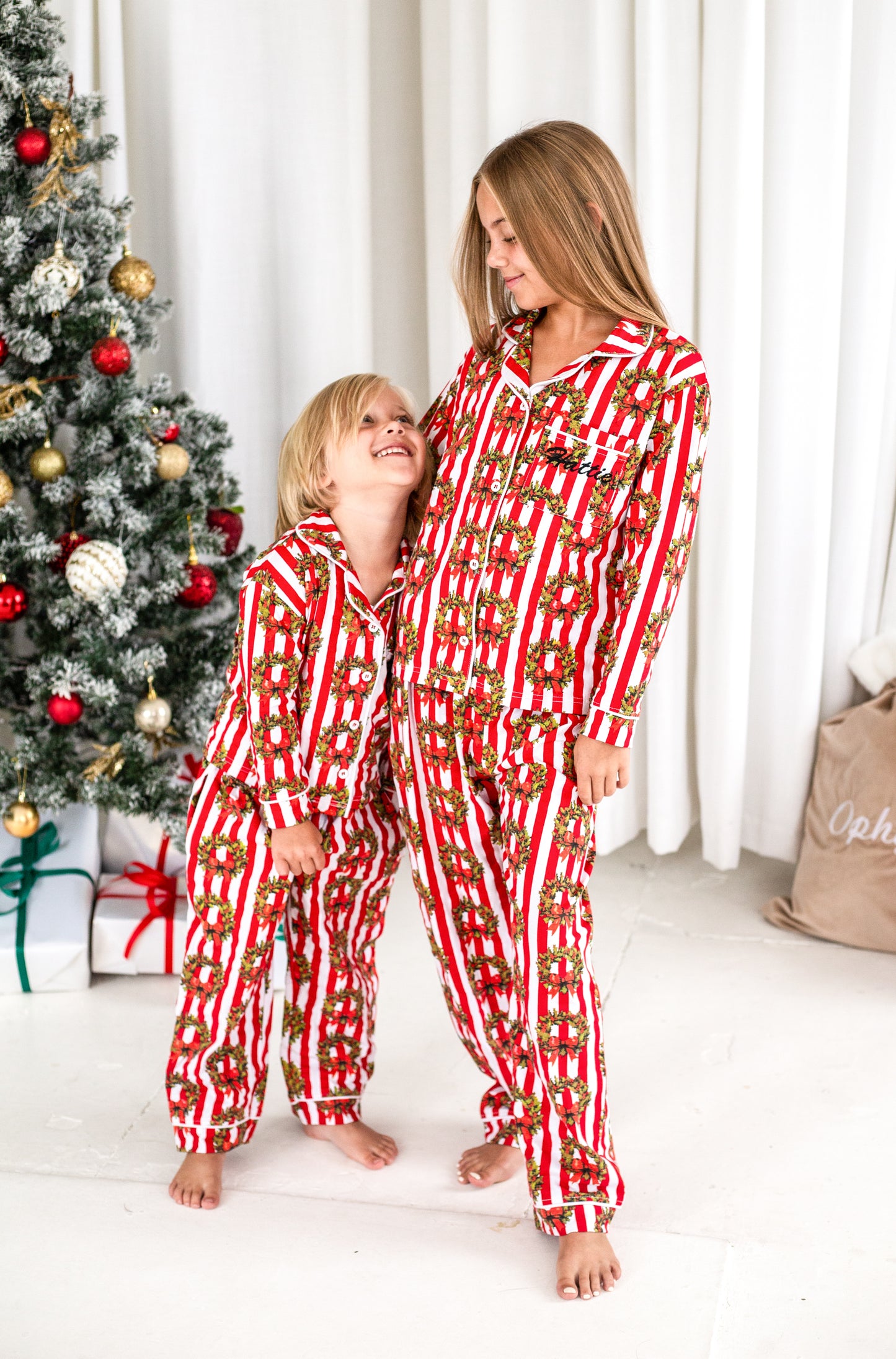 Family Christmas garland print personalised embroidered pyjamas - Ladies, men's and kids available