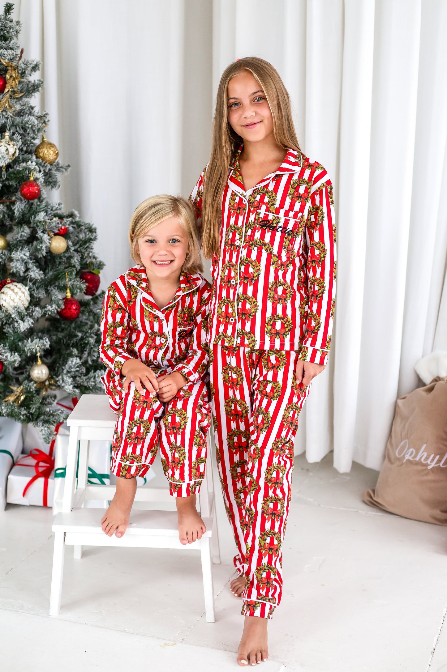 Family Christmas garland print personalised embroidered pyjamas - Ladies, men's and kids available