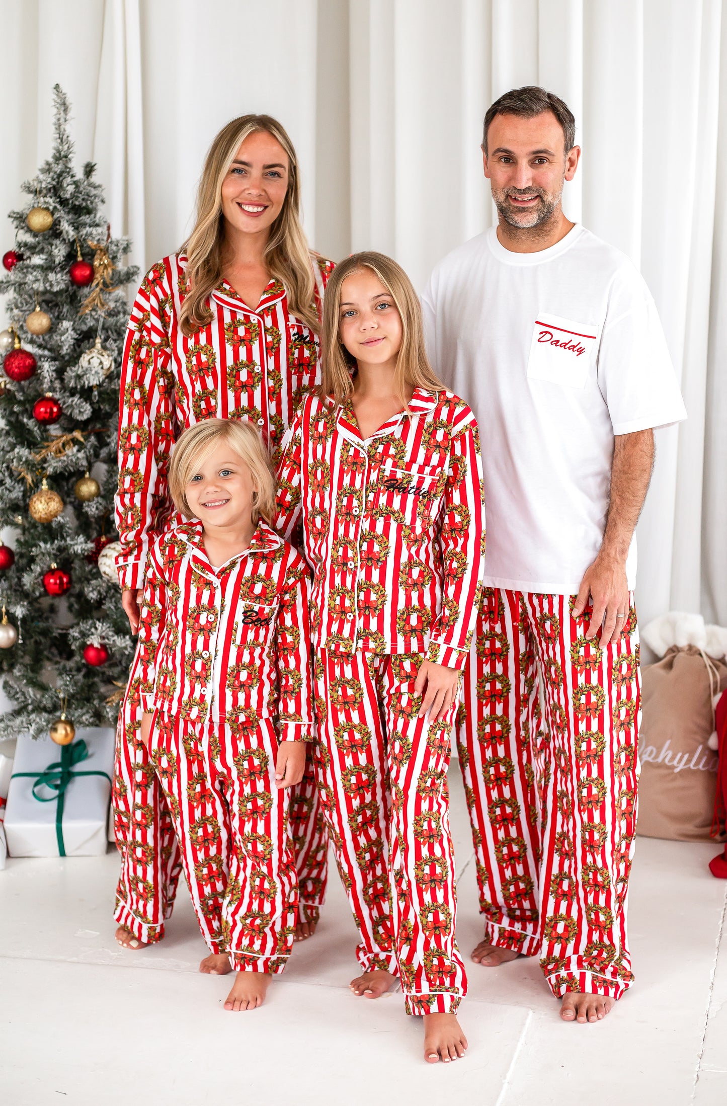 Family Christmas garland print personalised embroidered pyjamas - Ladies, men's and kids available
