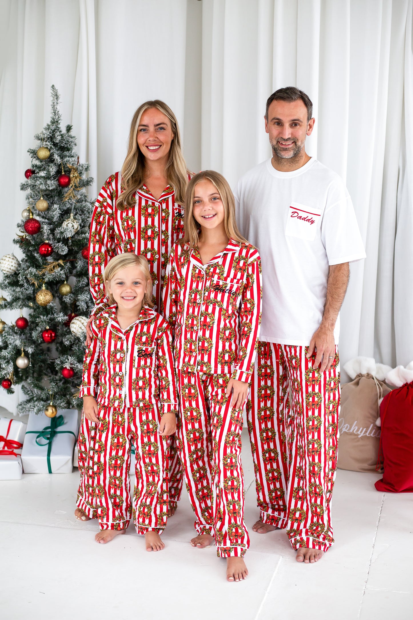 Family Christmas garland print personalised embroidered pyjamas - Ladies, men's and kids available