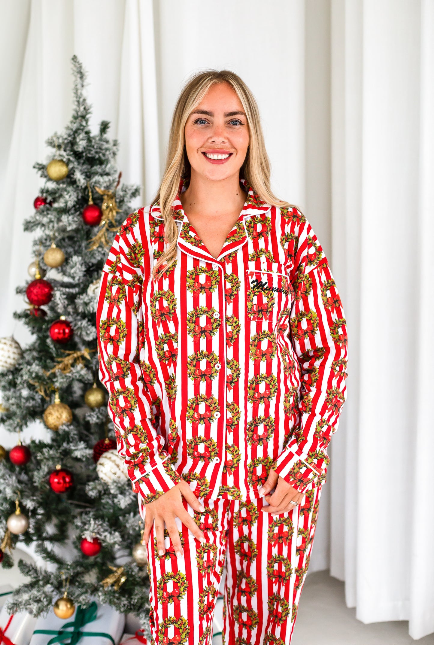 Family Christmas garland print personalised embroidered pyjamas - Ladies, men's and kids available