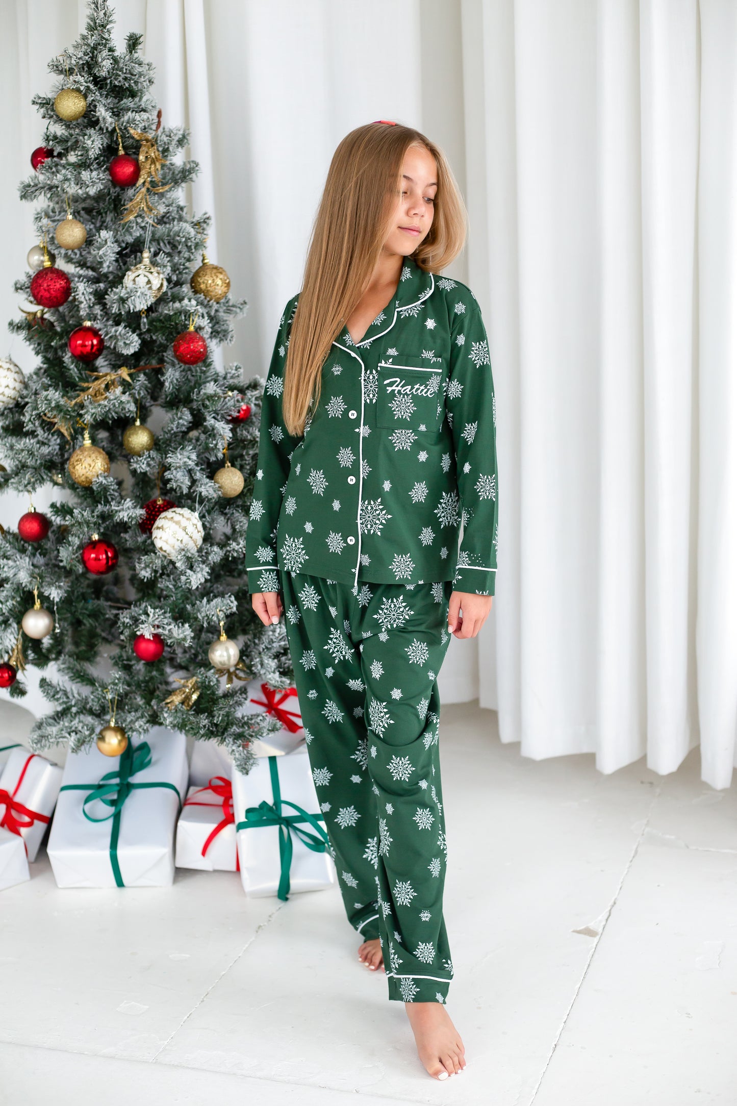 Family Christmas green snowflake personalised embroidered pyjamas - Ladies, men's and kids available
