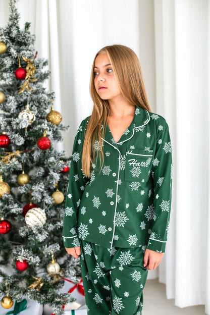 Family Christmas green snowflake personalised embroidered pyjamas - Ladies, men's and kids available