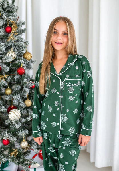 Family Christmas green snowflake personalised embroidered pyjamas - Ladies, men's and kids available