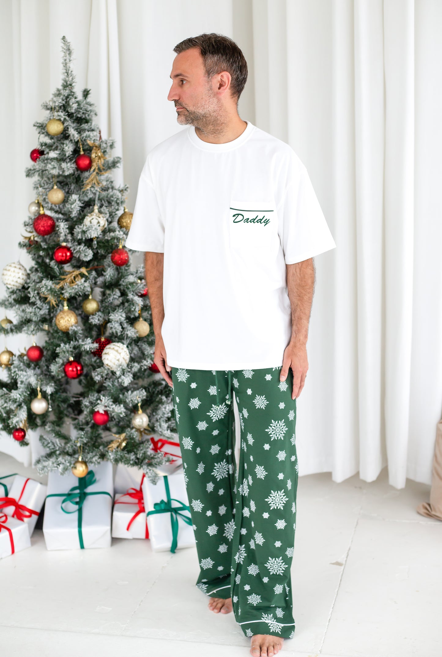 Family Christmas green snowflake personalised embroidered pyjamas - Ladies, men's and kids available