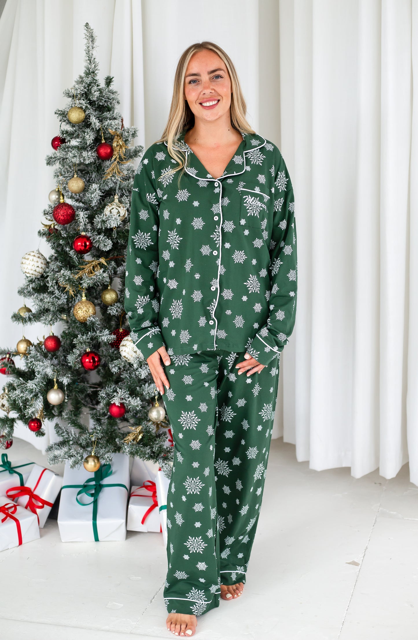 Family Christmas green snowflake personalised embroidered pyjamas - Ladies, men's and kids available