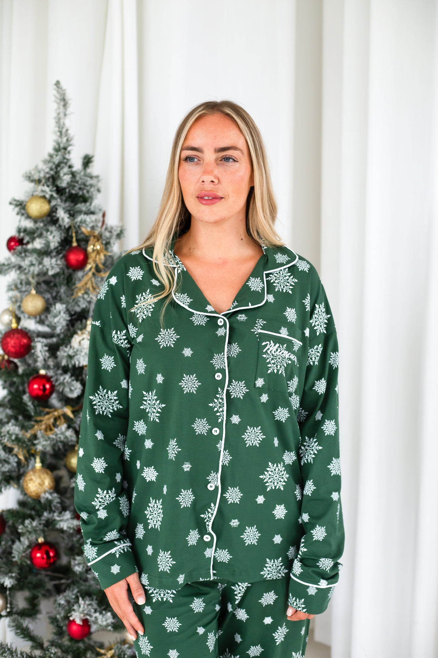Family Christmas green snowflake personalised embroidered pyjamas - Ladies, men's and kids available