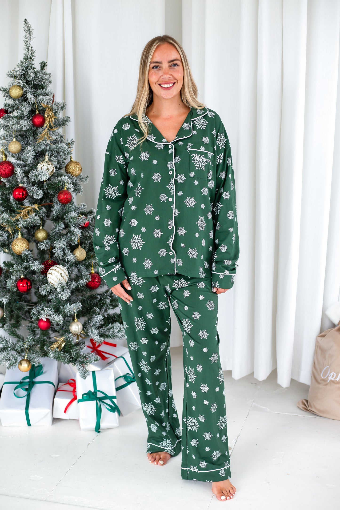 Family Christmas green snowflake personalised embroidered pyjamas - Ladies, men's and kids available