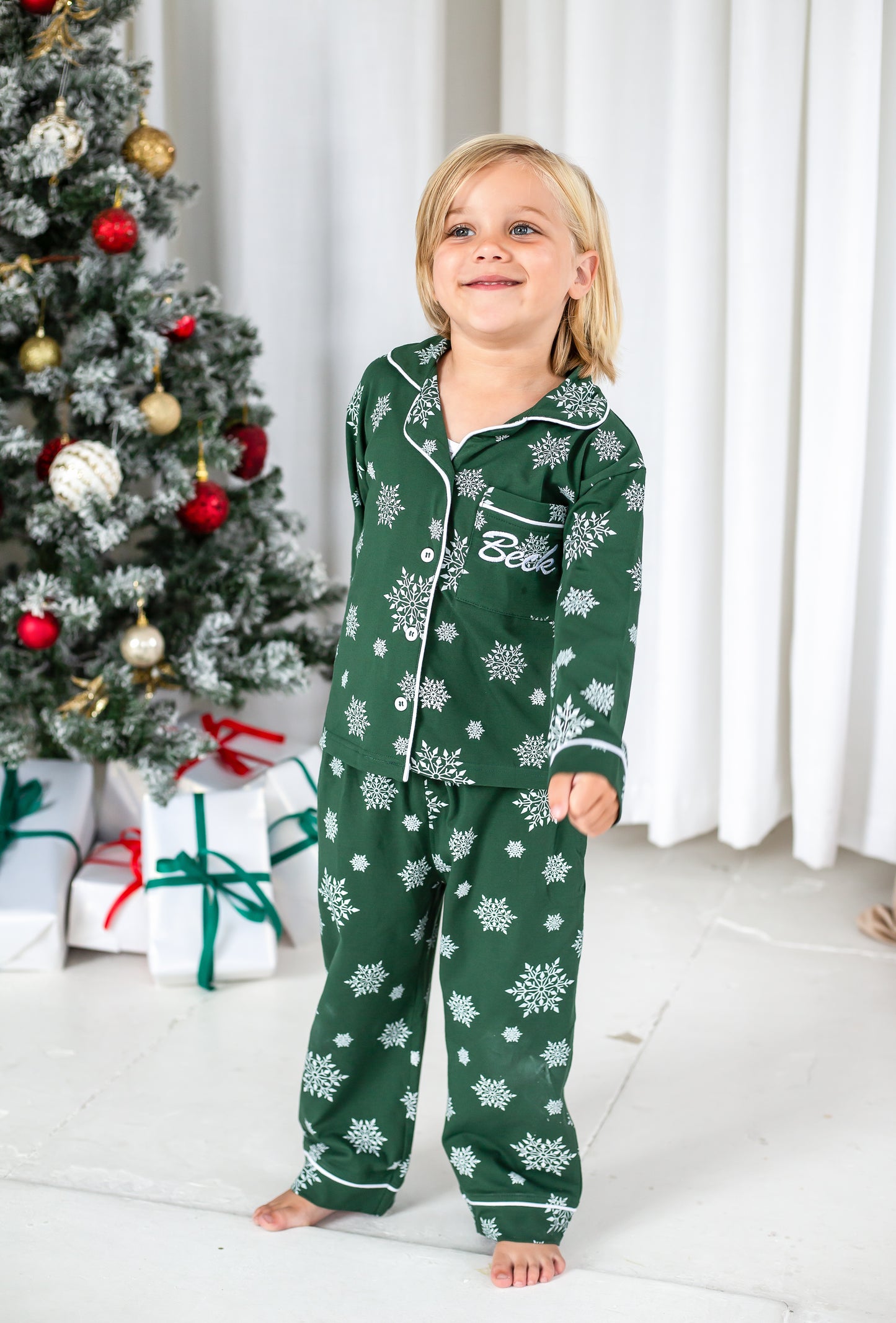 Family Christmas green snowflake personalised embroidered pyjamas - Ladies, men's and kids available