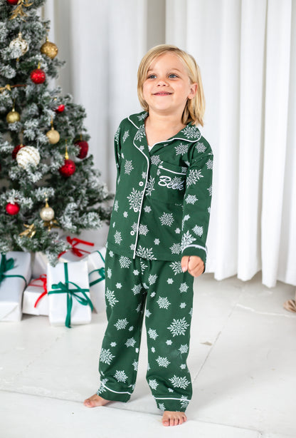 Family Christmas green snowflake personalised embroidered pyjamas - Ladies, men's and kids available