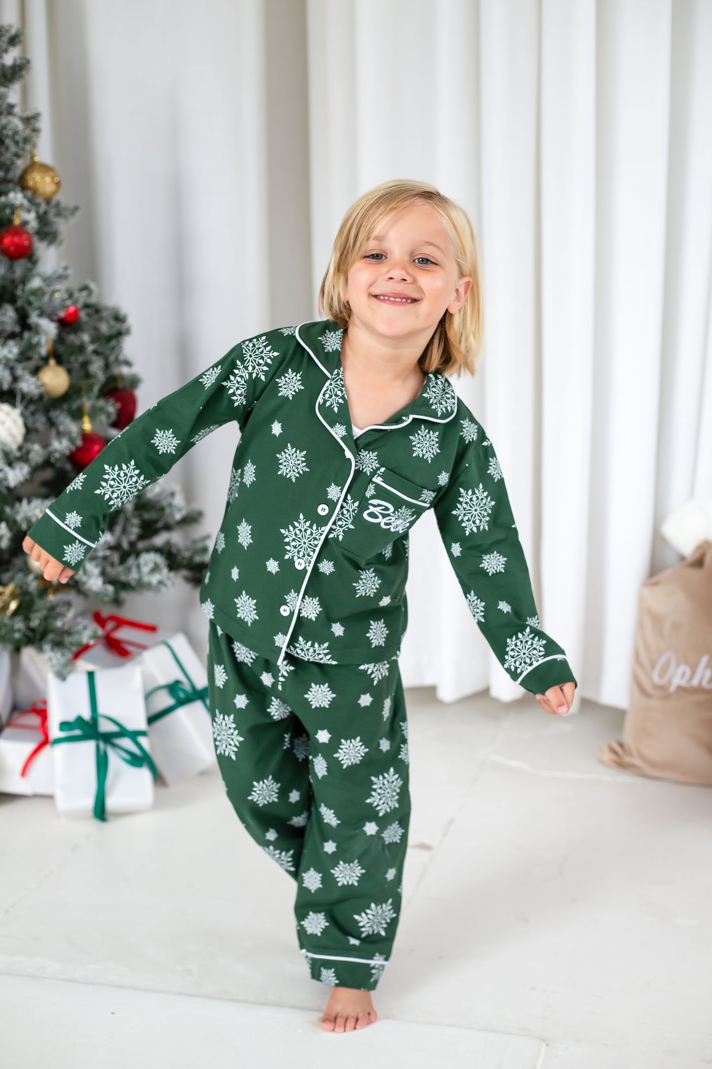 Family Christmas green snowflake personalised embroidered pyjamas - Ladies, men's and kids available