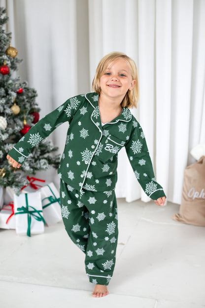 Family Christmas green snowflake personalised embroidered pyjamas - Ladies, men's and kids available