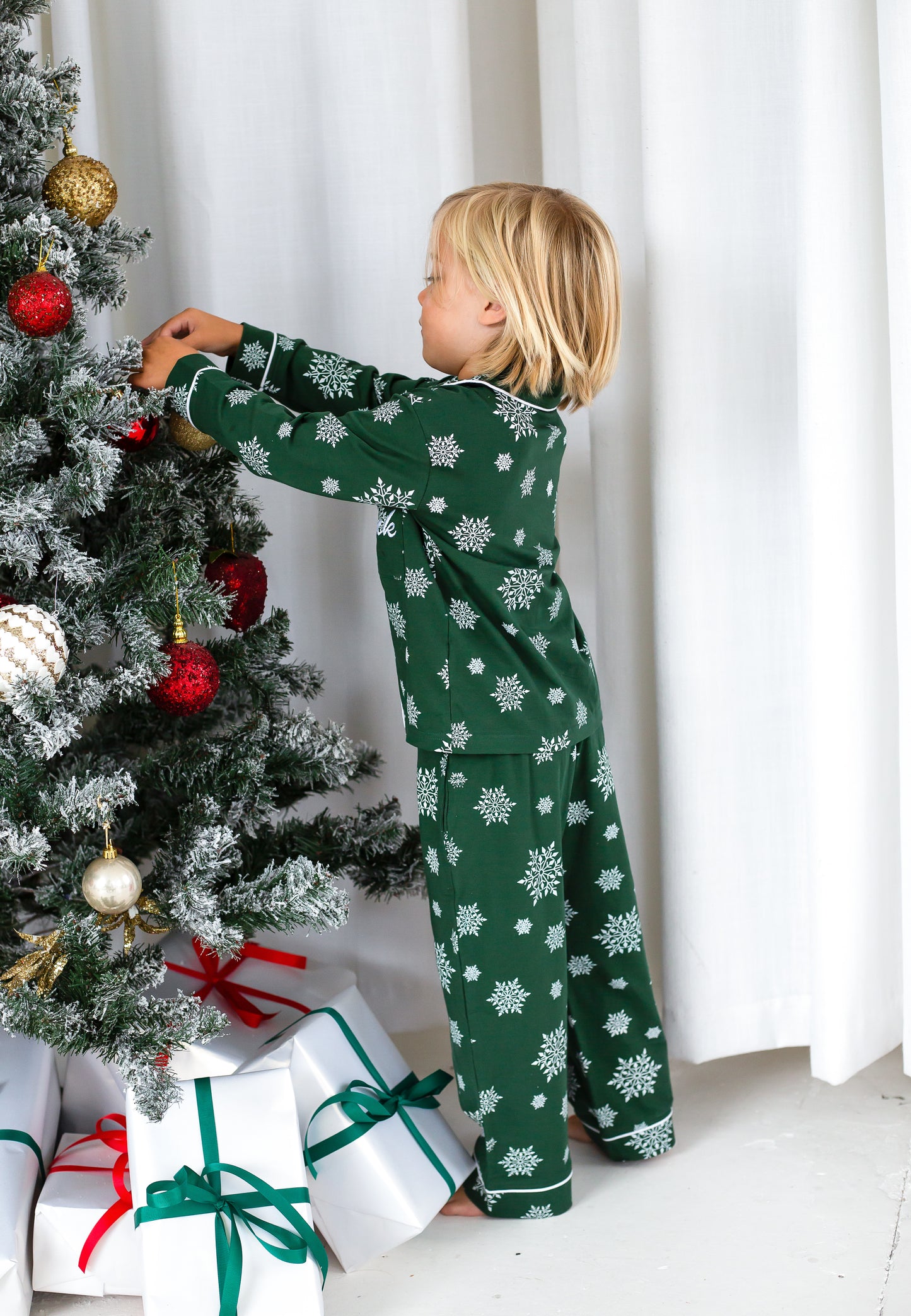 Family Christmas green snowflake personalised embroidered pyjamas - Ladies, men's and kids available