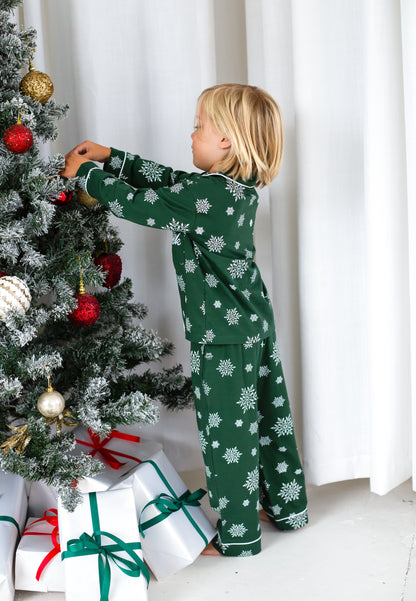 Family Christmas green snowflake personalised embroidered pyjamas - Ladies, men's and kids available