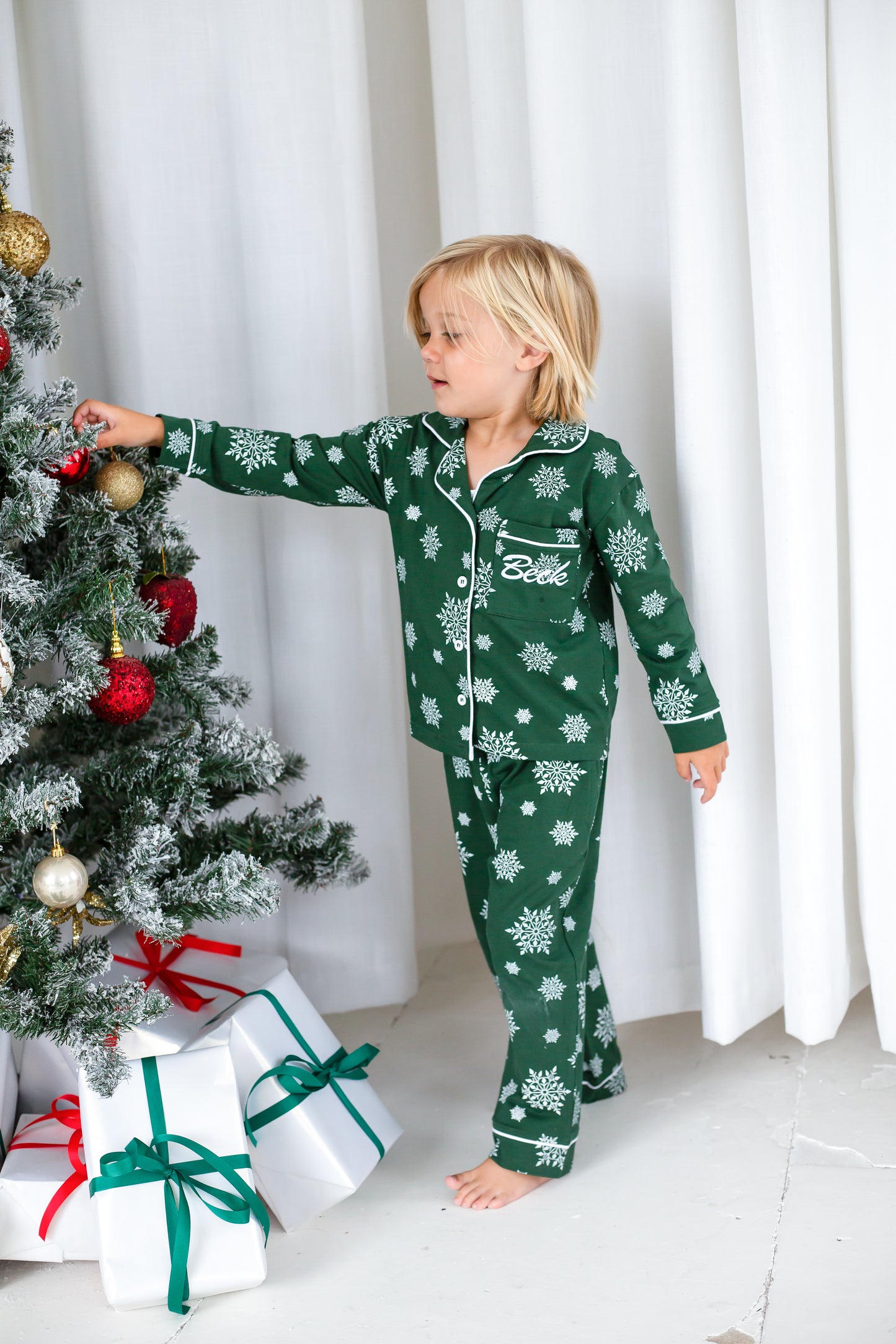 Family Christmas green snowflake personalised embroidered pyjamas - Ladies, men's and kids available
