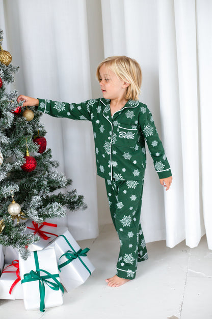 Family Christmas green snowflake personalised embroidered pyjamas - Ladies, men's and kids available