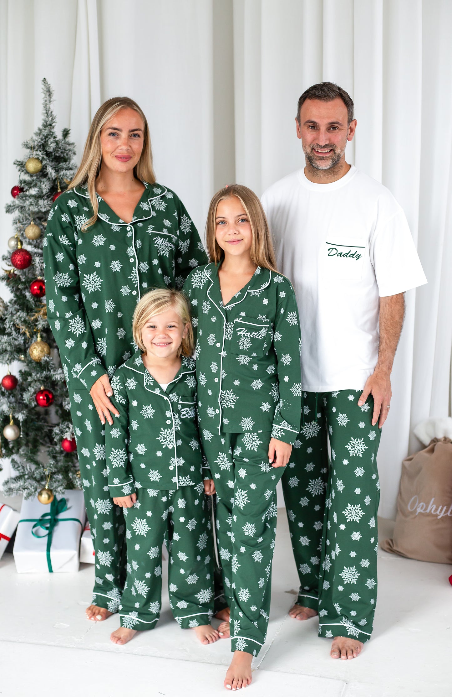 Family Christmas green snowflake personalised embroidered pyjamas - Ladies, men's and kids available