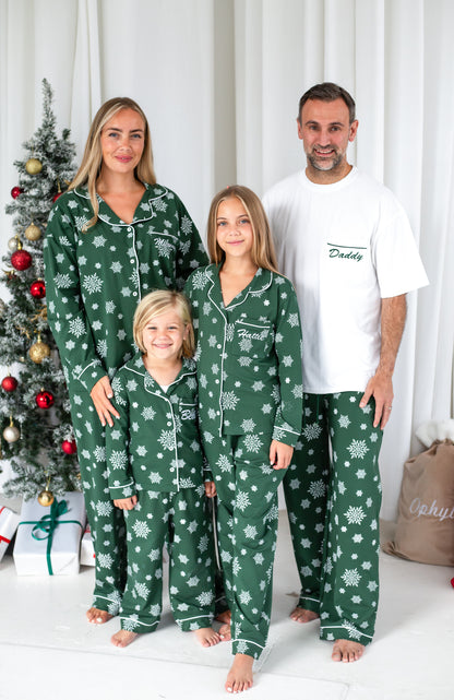 Family Christmas green snowflake personalised embroidered pyjamas - Ladies, men's and kids available
