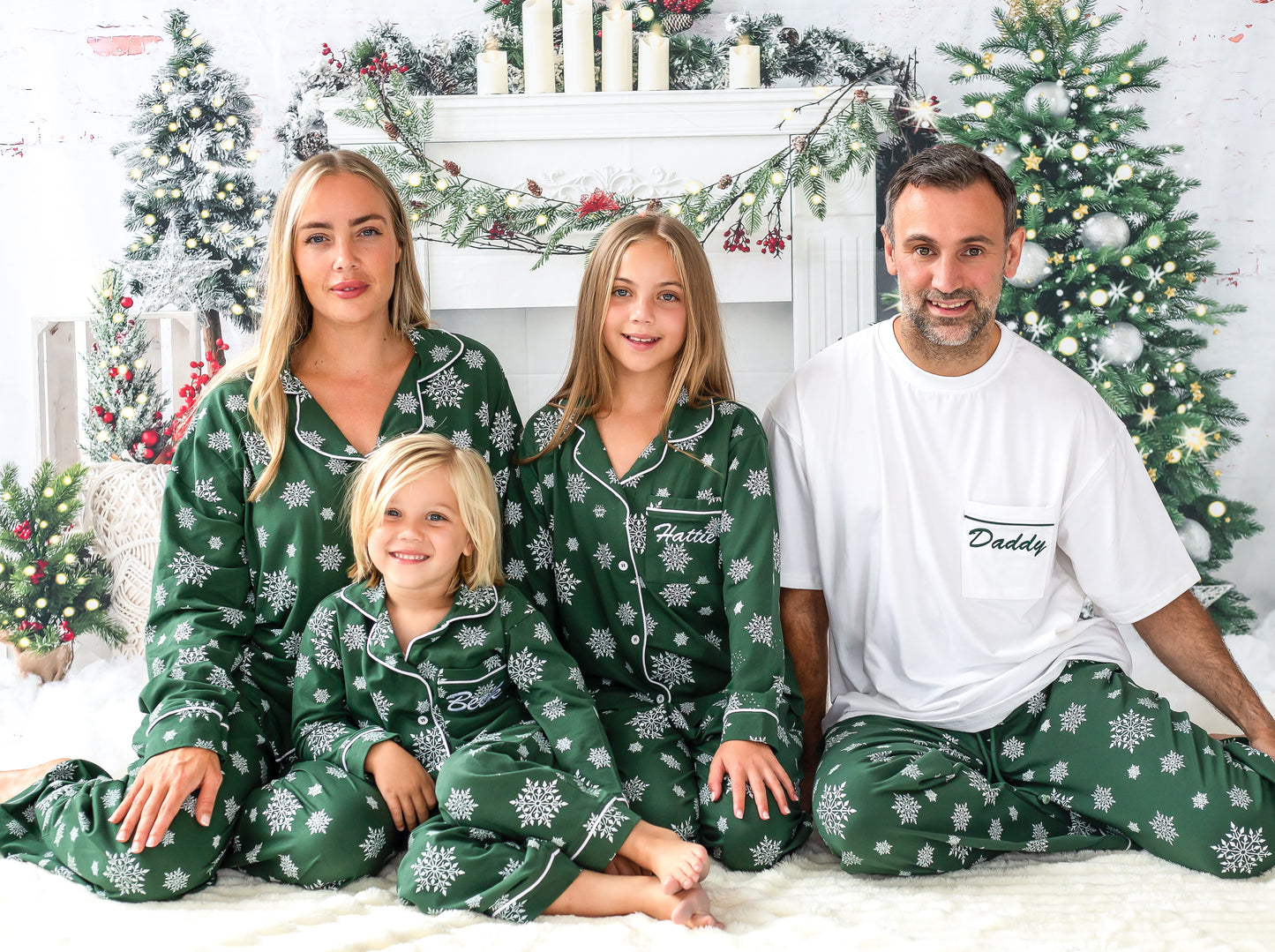Family Christmas green snowflake personalised embroidered pyjamas - Ladies, men's and kids available