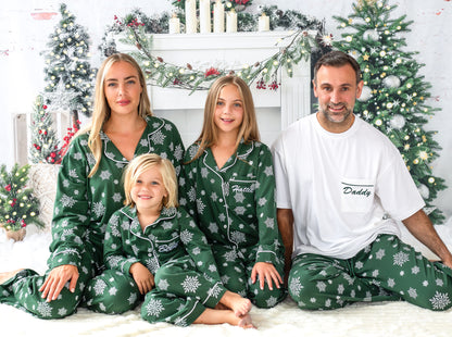 Family Christmas green snowflake personalised embroidered pyjamas - Ladies, men's and kids available