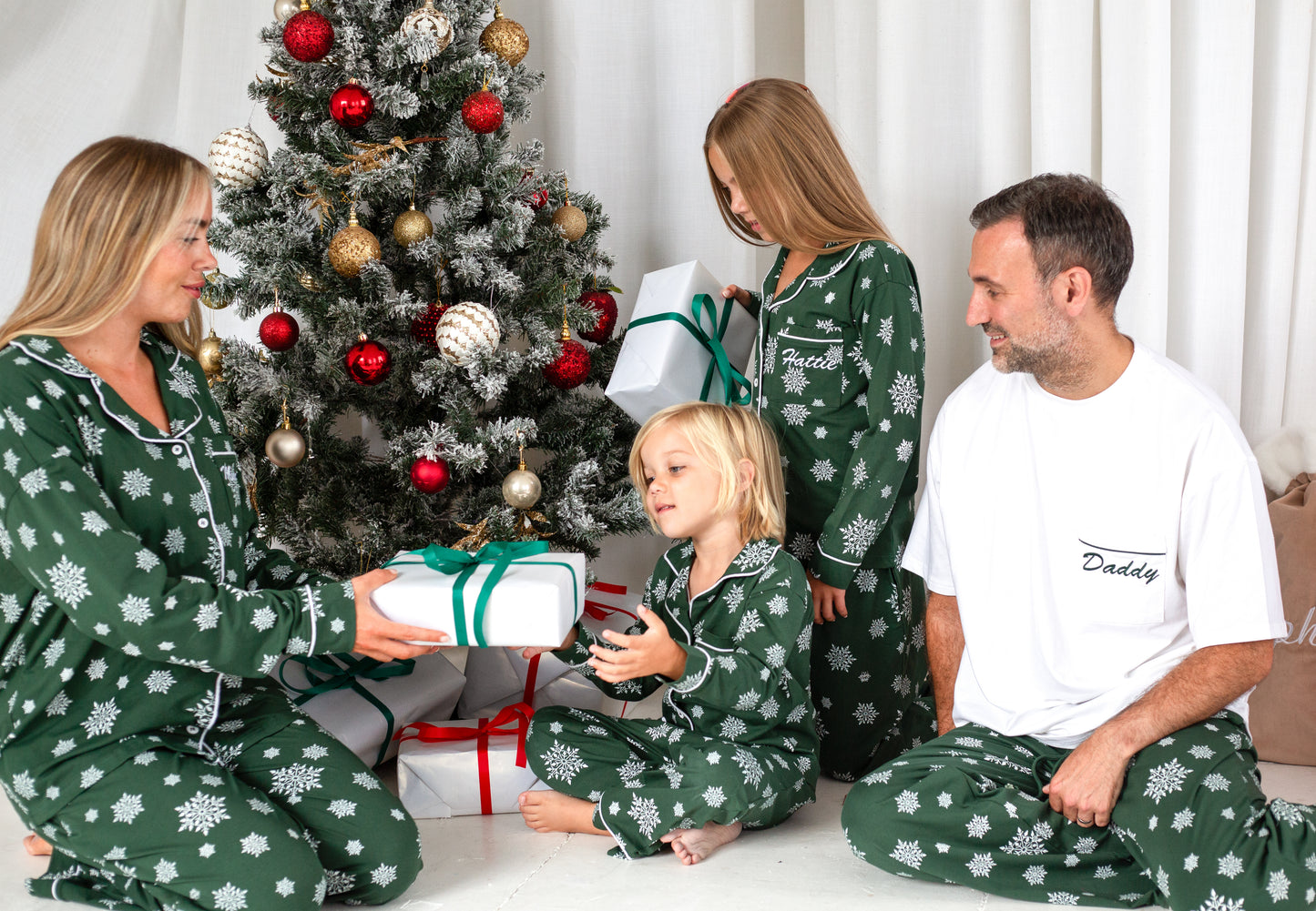 Family Christmas green snowflake personalised embroidered pyjamas - Ladies, men's and kids available