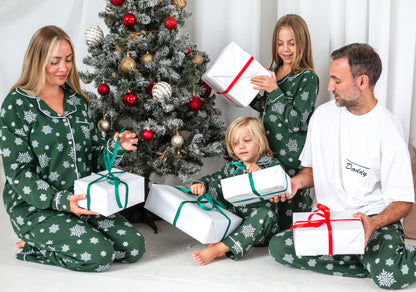 Family Christmas green snowflake personalised embroidered pyjamas - Ladies, men's and kids available