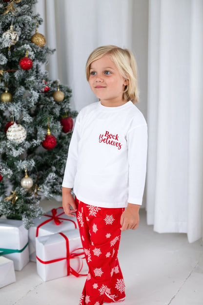 Family Christmas personalised 'Believes' snowflake jersey pyjamas in red and green