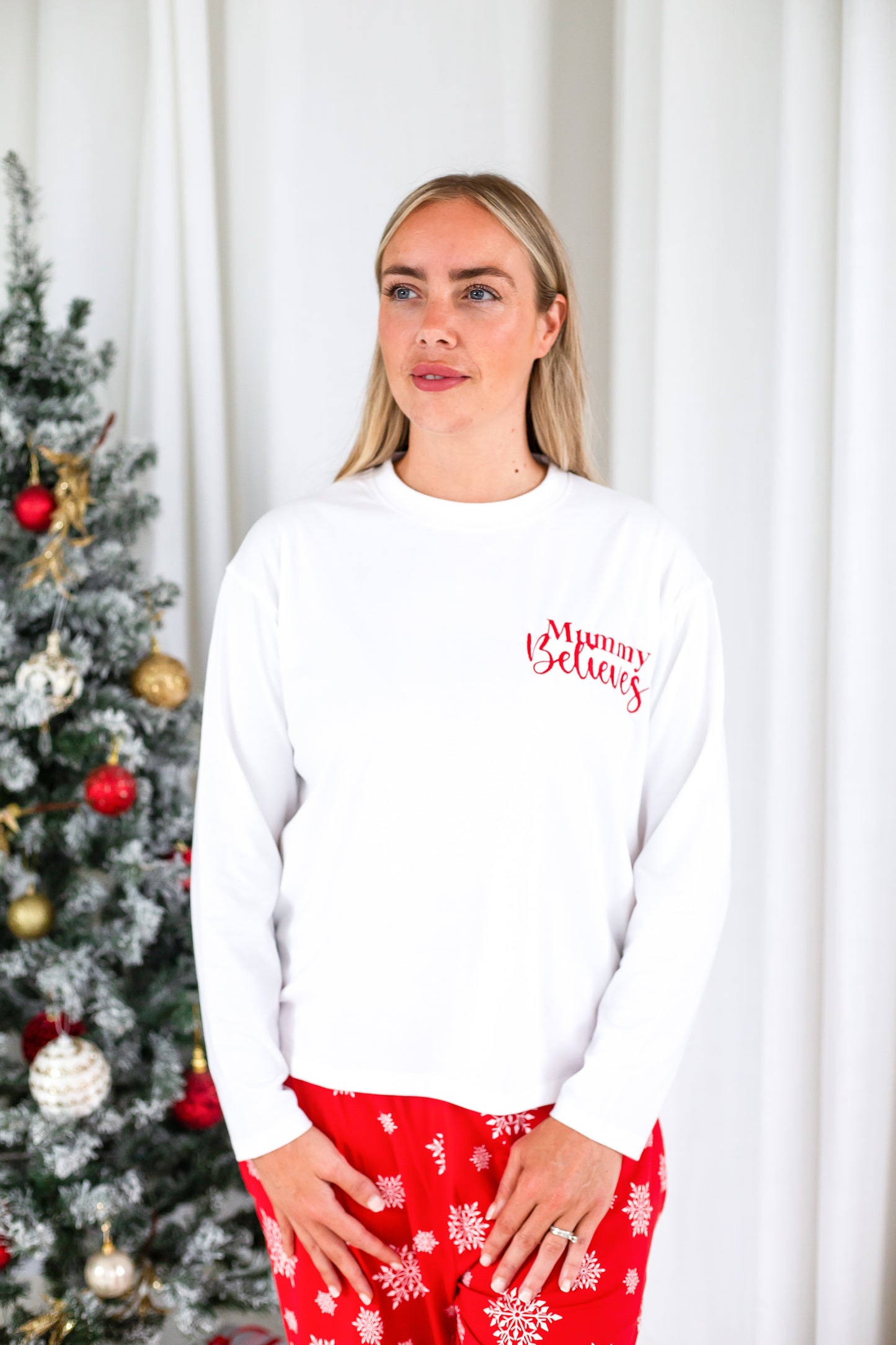 Family Christmas personalised 'Believes' snowflake jersey pyjamas in red and green