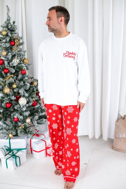 Family Christmas personalised 'Believes' snowflake jersey pyjamas in red and green