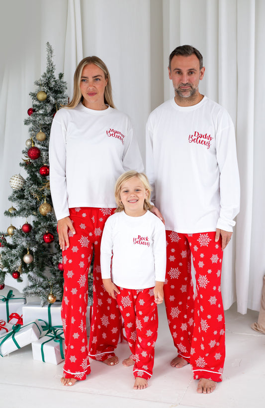 Family Christmas personalised 'Believes' snowflake jersey pyjamas in red and green