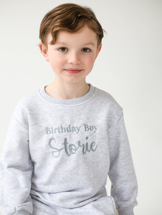 'Birthday boy' large italic personalised embroidered sweatshirt