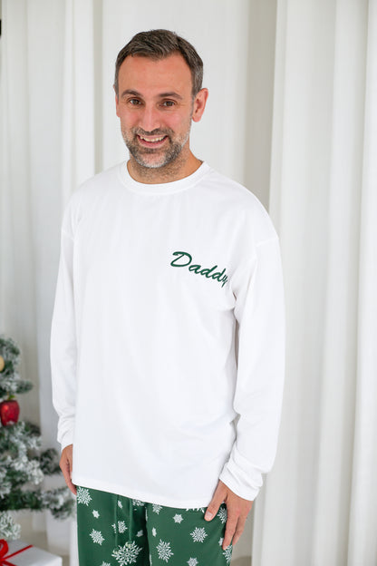 Family Christmas personalised snowflake jersey pyjamas in green and red