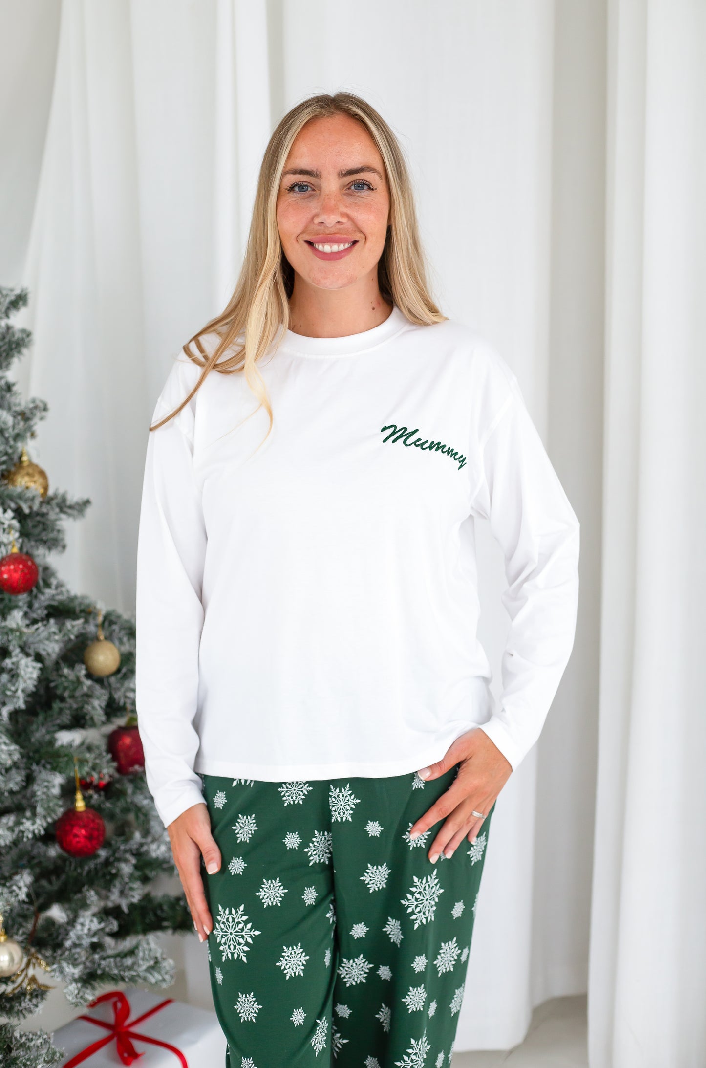 Family Christmas personalised snowflake jersey pyjamas in green and red