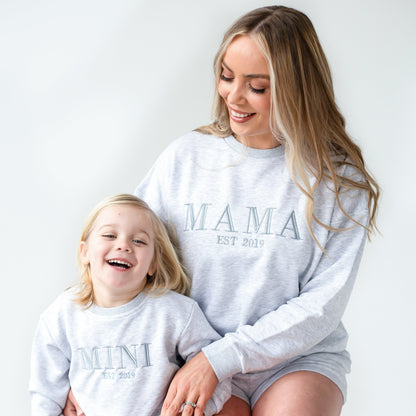 Signature 'MAMA EST.' ladies' embroidered matching mini me sweatshirt