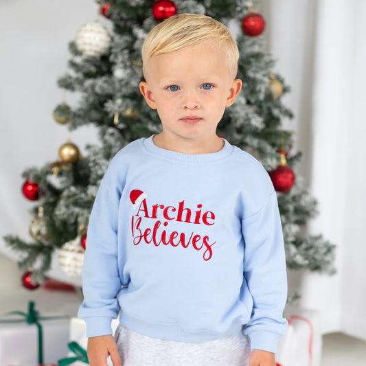 Christmas Santa Hat Personalised Embroidered 'Believes' Sweatshirt