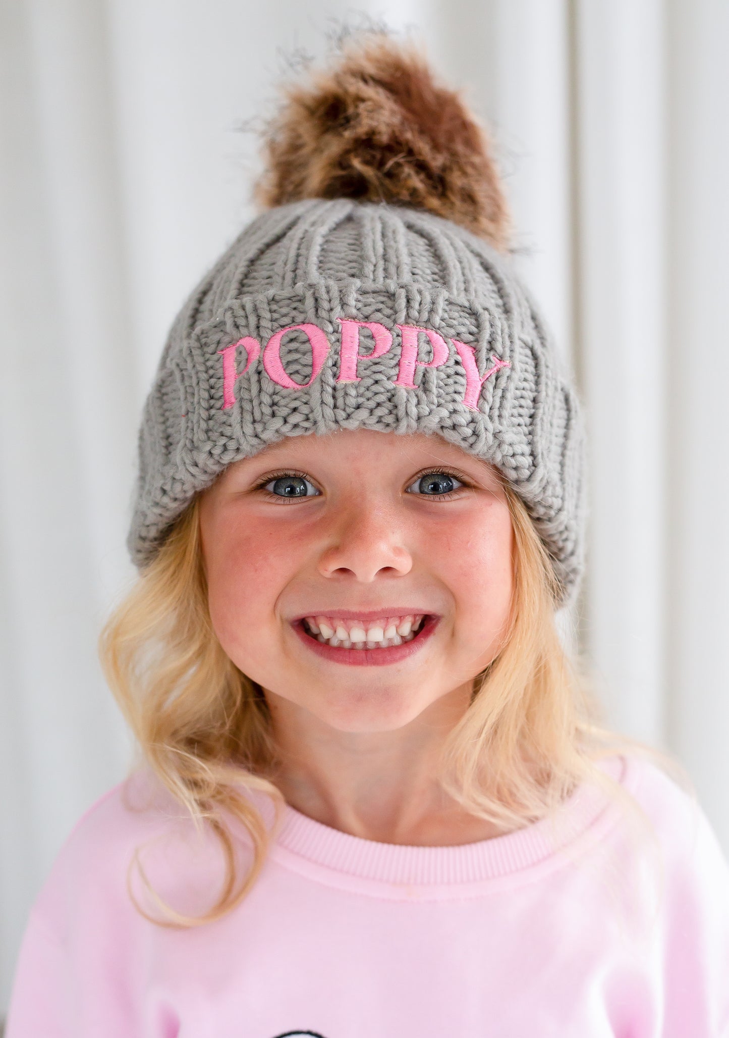 AW Personalised name embroidered faux fur pom pom hat