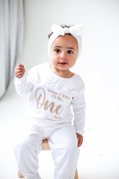 'When i wake' embroidered big number personalised birthday pyjamas