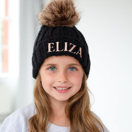 AW Personalised name embroidered faux fur pom pom hat