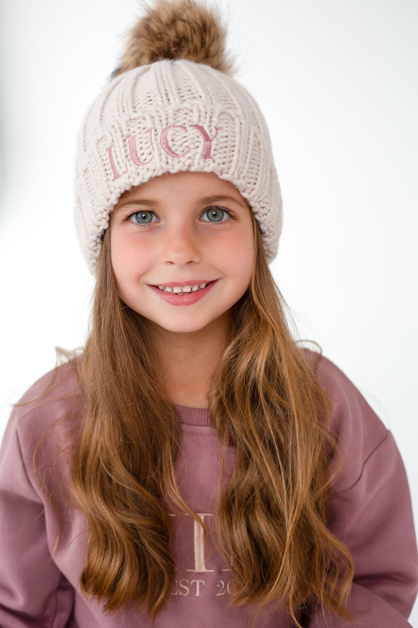 AW Personalised name embroidered faux fur pom pom hat