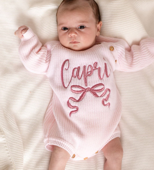 Embroidered Bow Personalised New Baby Long Sleeve Romper