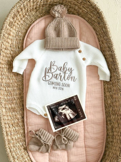 'Coming soon' New Baby Announcement Knitted Embroidered Romper