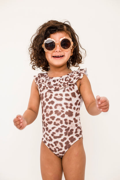 Girls ruffle back leopard swimsuit with matching bow headband