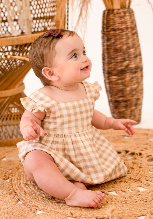 Baby gingham smock dress, knicker and head tie set