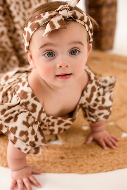 Baby ruffle back leopard romper and matching head tie