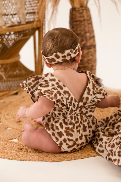 Baby ruffle back leopard romper and matching head tie